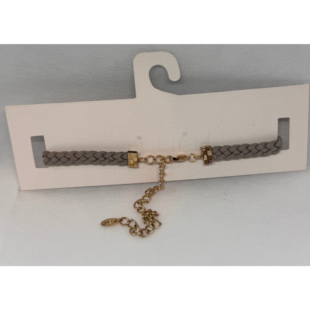 NEW ETTIKA ANTHROPOLOGY Gold-Tone Gray Leather Woven Strap Choker Necklace - Picture 2 of 2